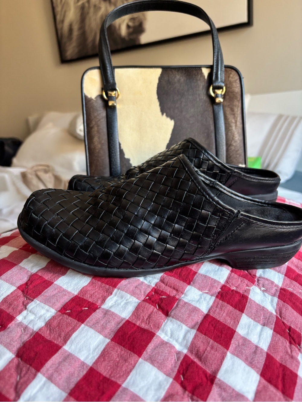 Black Woven Leather Slip-On Clogs/ mules